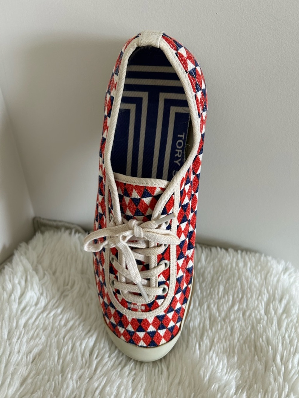 Tory Burch Sport Patterned Red & Blue Canvas Sneakers - Picture 4 of 14